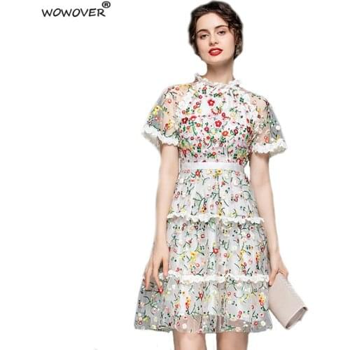 Runway Fashion Luxury Flower Embroidery Mesh Dress Summer Womens Clothing Short Sleeve Lace Ruffles Sexy Wedding Party Vestido