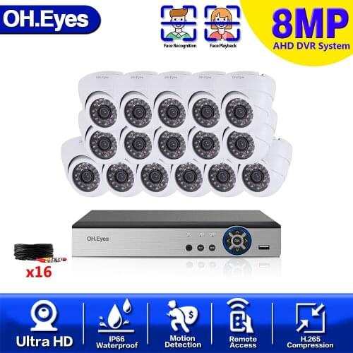 16CH 4K Ultra HD CCTV DVR System h.265+ 8MP IP66 Metal Indoor Outdoor VandalProof Camera kit video surveillance system 4T HDMI