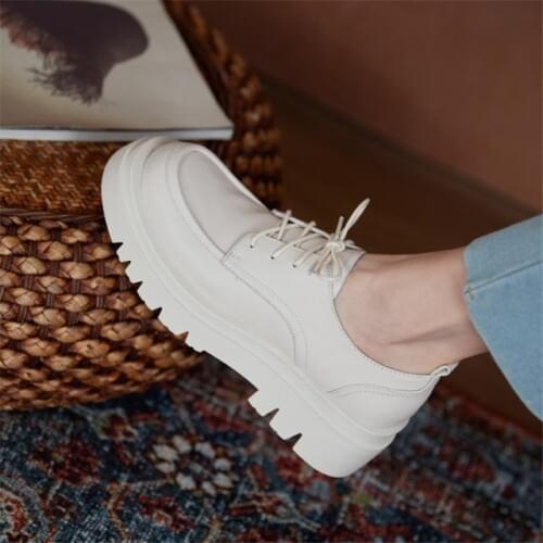 2021 Spring/Autumn Womens Pumps Genuine Leather Round Toe Lace-Up Platform Women Shoes Thick Heel Casual Shoes Plus Size 34-43