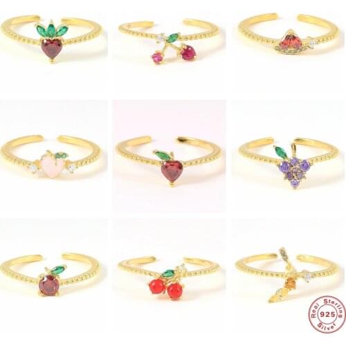 GS 925 Sterling Silver Colored Crystal Fruit Charm Series Resizable Rings For Women Summer Collection Apple Cherry Rings Gift