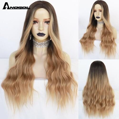 Anogol Long Brown to Blonde Ombre Synthetic Wigs for Women Wigs Middle Part High Density Wavy Cosplay Wigs Heat Resistant