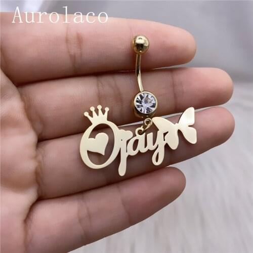 AurolaCo Custom Name Belly Ring with Butterfly Custom Body Jewelry Stainless Steel Zircon Belly Button Ring Holiday Gifts