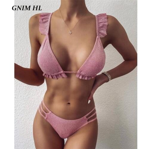 GNIM Ruffle Bikini Swimwear Women Push Up 2020 Sexy Solid Brazilian Swimsuit Two Pieces Backless Swimming Suit For Women Biquini