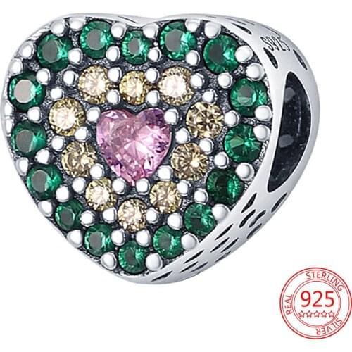New 925 Sterling Silver Colored Zircon Heart Beads for Women Jewelry Gift Fit Original Pandora Bracelet Bangle Charm Dangles