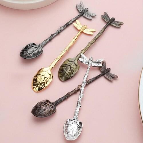Dessert Spoon Vintage Dragonfly Branches Leaves Shape Mini Ice Cream Jelly Coffee Milk Mixing Spoon Exquisite Spoon for Kitchen
