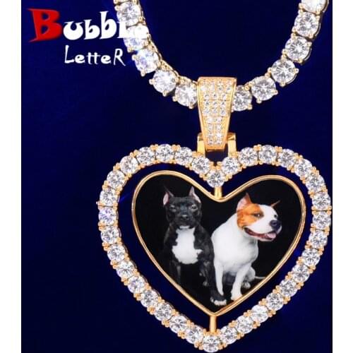 Custom Made Photo Rotating Double-Sided Heart Pendant Necklace With Tennis Chain Zircon Mens Hip Hop Rokas Jewelry