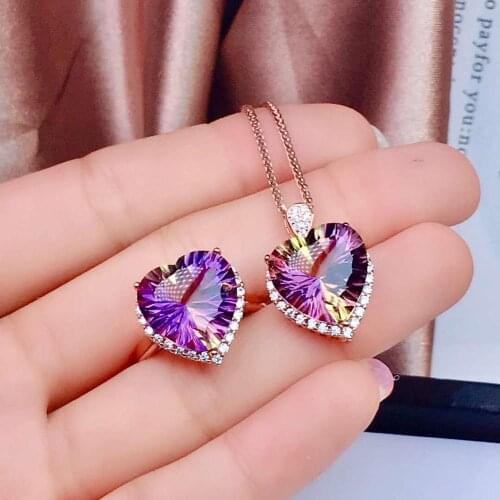 Love Heart Style Natural Ametrine jewelry set Natural Real Ametrine 925 sterling silver 1pc pendant,1pc ring