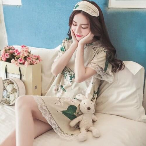 Korean Version Nightdress Female Summer Short-Sleeved Loose Cotton Printed Lace Casual Nightdress Princess Home Service A222