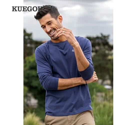 KUEGOU 2021 Autumn 100% Cotton Embroidery Letter Blue T Shirt Men Brand Long Sleeve T-Shirt For Male Plus Size Tee Tops 88050