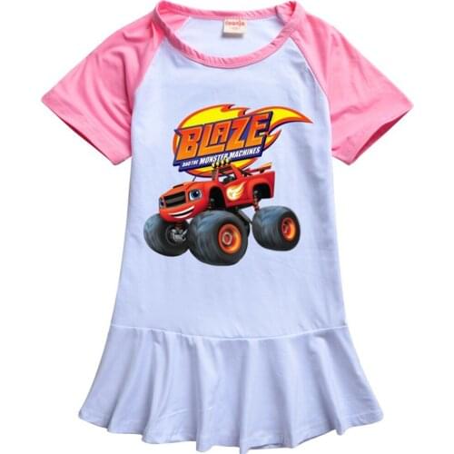 Summer Girls Dresses Cartoon Blazing Speed Cars Monster Machines Print Girl Princess Dress Kids Baby Milk Short Sleeve Clothes
