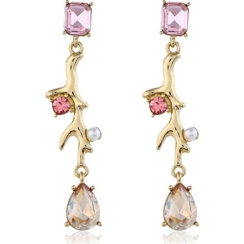 Personality Twisted Branches Long Earrings Drops Crystal Pink Gem Pearl Flower Earrings Women Elegant Temperament Jewelry