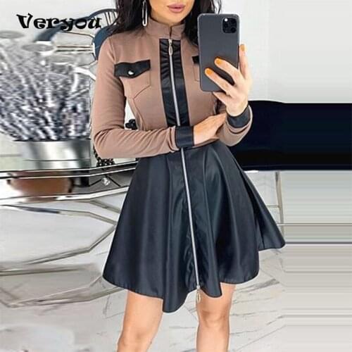 New Stand Collar Long Sleeves Mini Dress Casual Autumn Winter Fashion Pocket Pu Leather Dress Elegant Slim Dress Mini Dress