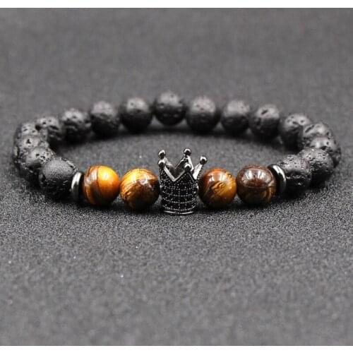 Trendy Natural Black Volcanic Lava Stone 8mm Bead distance Bracelet Pave CZ 4 color Crown Bracelet for Women and Men DIY Jewelry