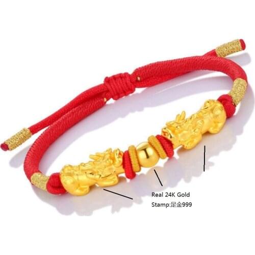 Genuine 24K Yellow Gold 2pcs Dragon-Son Pixiu with Red Cord Bracelet Length from 5" to 15"