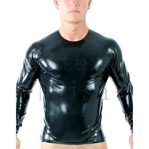 Novelty black latex t-shirt Fetish long sleeve latex top men with 100% handmade