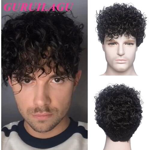 GURUILAGU Short Kinky Curly Wigs for Men Ombre Black Brown Cosplay Wig Synthetic Wig for Male Machine Made Natural Wigs