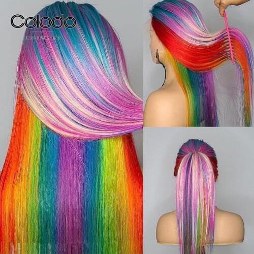 Rainbow Colored Human Hair Lace Frontal Wigs Straight Lace Front Wig Transparent Lace Wig For Women Human Hair Brazilian