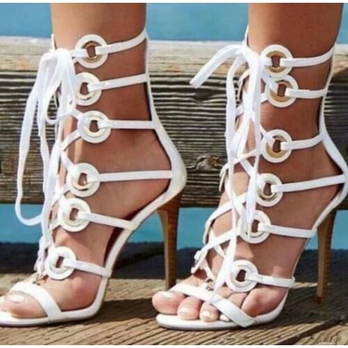 Sexy Woman White Pink Black Suede Cuts Out Gladiator Cross Lace Up Sandals Female 10 cm Stiletto Heels Wedding Shoes Lady