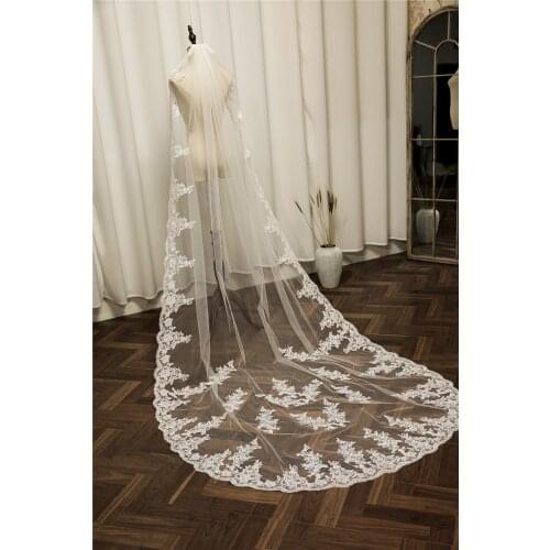 Popodion Wedding Accessories Lace Bridal Veil Chapel Trailing Veil with Hair Comb White Wedding Veil Ivory Soft Tulle ROM80270