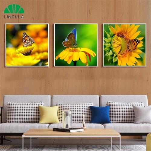 Sunflower Yellow Flower Poster Butterfly Flower Insect Wall Pictures for Living Room Kitchen Bathroom Decor Modern Canvas Print