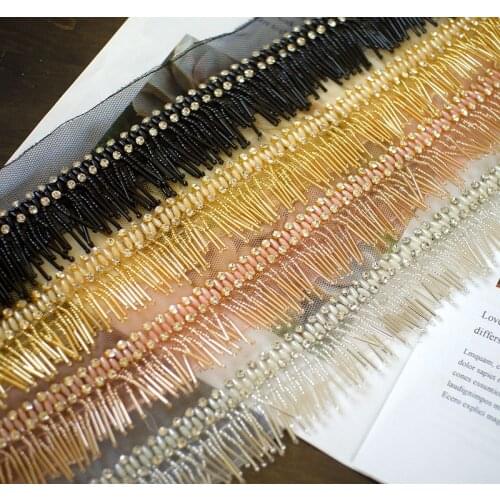 Luxury mesh gauze rhinestone beaded tube fringed lace 5cm wide handmade DIY decorative clothing headband accessories