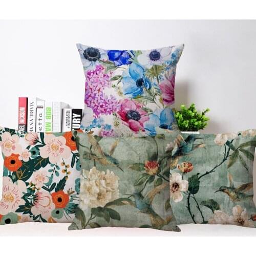 Pink Blue Flower Painting Cushion Cover Floral Birds Vintage Pattern Decor Pillowcase 45X45cm Sofa Chair Decorative Pillows Case