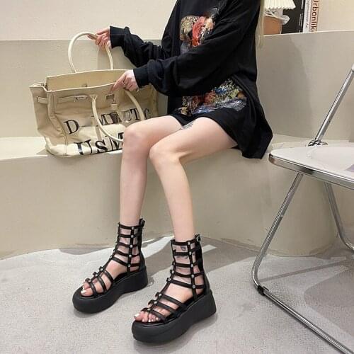 2021 summer sandals womens thick-soled rivets new heightening fashion white shoes high-cut hollow sandals shoes for women