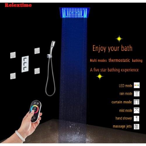 Bathroom Thermostatic Rainfall Shower Set Wall Mounted Nozzle Glow LED Ceiling Shower Head Hand Shower Set Faucet Massage Jets
