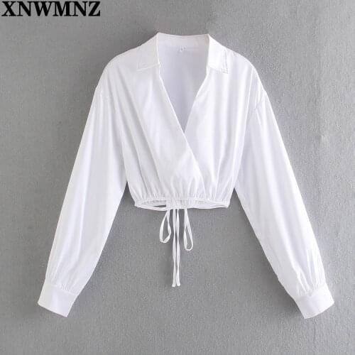 XNWMNZ 2021 Sexy Satin White Cropped Shirt Women with ties Long Sleeves Casual Chic Lady High Fashion Blouses Women Tops Girls