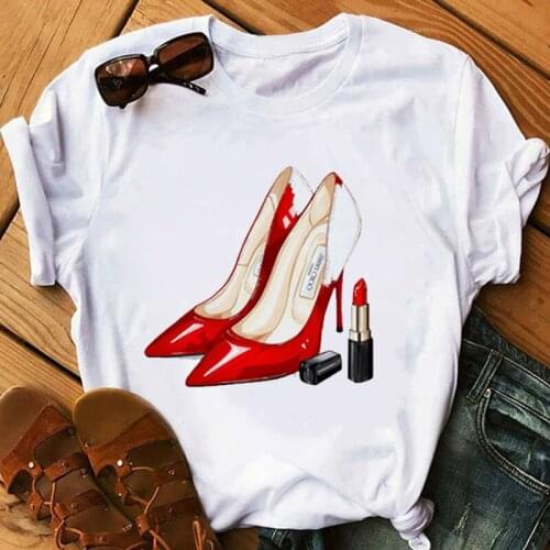 Female T-shirt Women Shirt Clothes Harajuku Red Lipstick Perfumer Floral Girl Summer Shirt Casual Sexy Tops Womens Tops