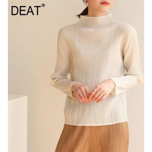 DEAT Pleated T Shirt Woman Stand Collar Solid Loose Wild Full Sleeve Pullover Top Causal Style Over Size 2021 New Autumn XQ382