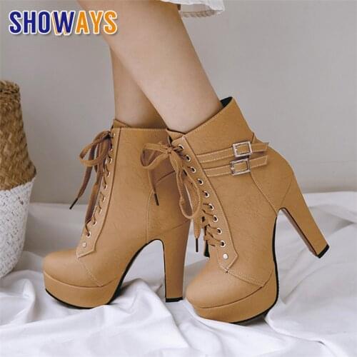 Big Size Winter Women Platform Ankle Boots 12cm High Chunky Heel Black Brown Casual Buckle Lady Plush Lace Up Short Martin Boots