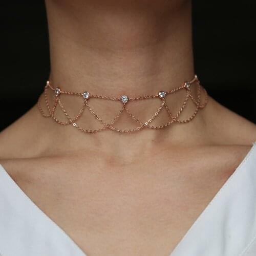 Vintage ladies necklace lace chain choker elegant wedding gift for women bezel cz link chain 3 gold colors top quality choker