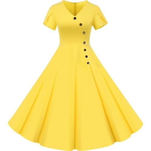 2021 Yellow V Neck Button Front A-Line Vintage Robe Swing Dresses for Women Short Sleeve Summer Plain Retro Dress 50s 60s