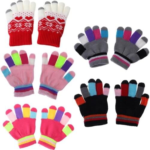 1 Pair Kids Baby Gloves Full Finger Warm Winter Children Colorful Stripe Knitted Boys Girls Solid Glove Multi Color Elastic
