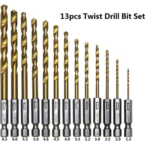 13PC 1/4" Hex Shank Twist Drill Bit Titanium Coated HSS Drill Bit Set for Metal Power Tools Drill Accessories