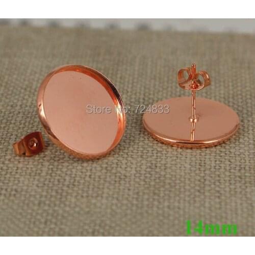 14mm Rose Golden Plated Brass Blank Bases Round Bezel Tray Pin Stud Earrings Post w/ Stopper Back Settings Findings Wholesale