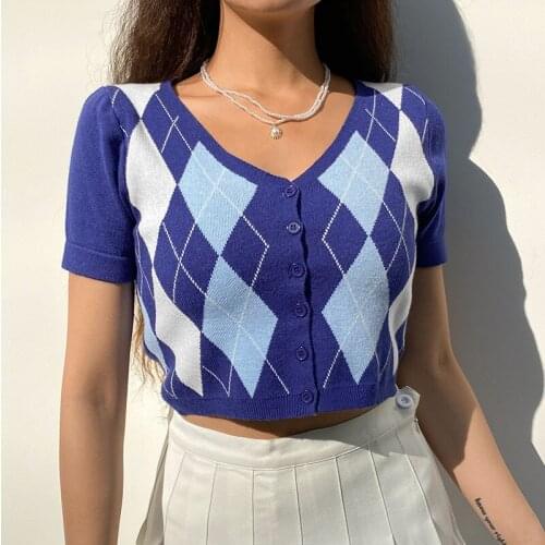 2021 Fashion New Women Sweaters Plaid Stitching Sexy V Neck Slim Woolen Short Buttons Cardigan Sweaters Argyle Printing Tops