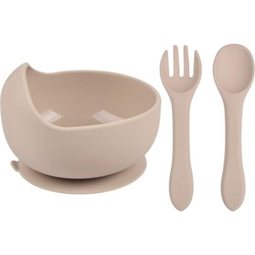 3 Pcs Baby Training Feeding Food Bowl Spoon Fork Set Anti Slip Silicone Suction Dishes Utensil BPA-Free Tableware for Toddlers