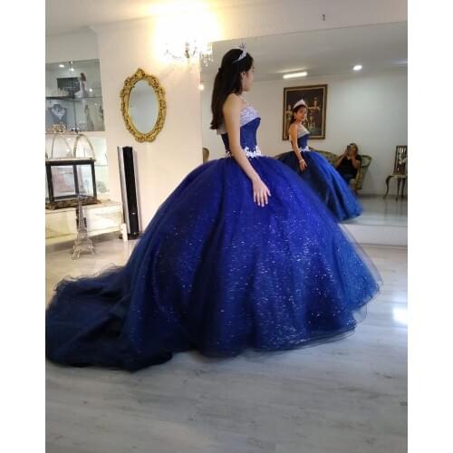Glitter Sequins Royal Blue Ball Gown Quinceanera Dress Lace Appliques Puffy Girls 15 Years Birthday Dresses Sweet 16 Party Gowns
