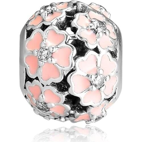 925 Sterling Silver Primrose Flower Charm Fit DIY Brand Bracelet Bead Jewelry Making Woman Gift,Light Pink Enamel