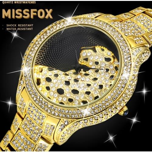 MISSFOX 3D Leopard Watch Mens Black Dial 18k Gold Top Brand Luxury Wathces Men Stainless Steel Back Elegant Hand Watch For Men