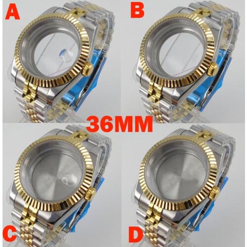 BLIGER fit NH35A ETA 2836 MIYOTA 8215 Date Just Two Tone Gold 36mm Watch Case Gold Fluted Bezel Glass Back Jubilee Band