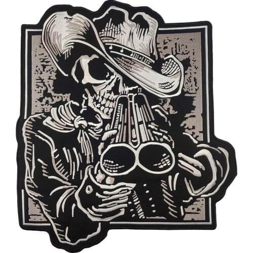 Cowboy Skull Patch Embroidered for Back Jacket Large Gun Patch Motorcycle Free Rider Badge Iron On MC Embroidery Stickers