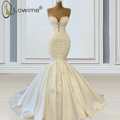 Elegant Ivory Pearls Mermaid Wedding Dresses 2021 Sweetheart Neck Applique Satin Bridal Gowns Свадебное платье Custom Made