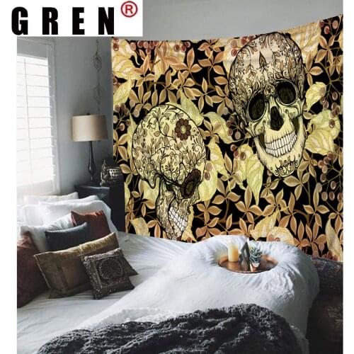 GREN Skull Tapestry Wall Hanging Flowers Divination Tarot Ouija Witchcraft Hippie Wall Carpet Psychedelic Polyester Home Decor