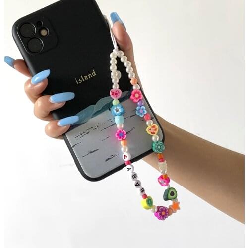 IngeSight.Z Imitation Pearl Acrylic Beads Mobile Phone Chains Colorful Flower Heart Fruit Cell Phone Chain Strap Lanyard Jewelry