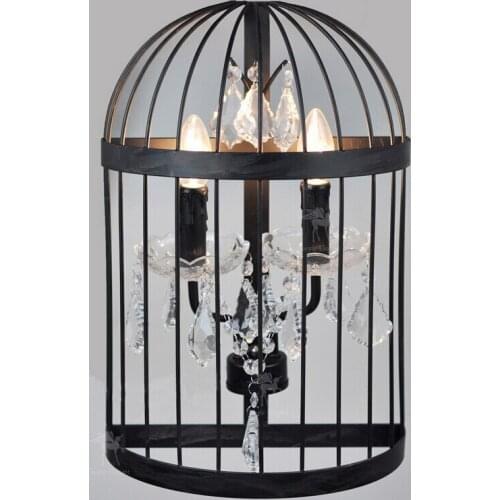 American Country Style Loft Bedroom Restaurant Wrought Iron Birdcage Crystal Wall Lamp Sconce E14 110-240V