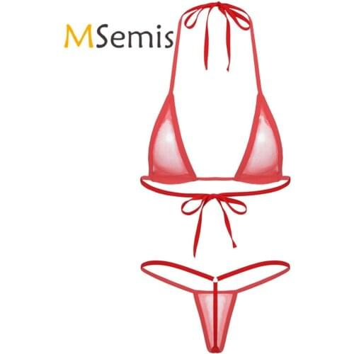 Womens Erotic Mini Bikinis Set Halter Lace-up Hot Bra with G-String Briefs Lingerie Set See-through Sexy Nightwear Sleepwear