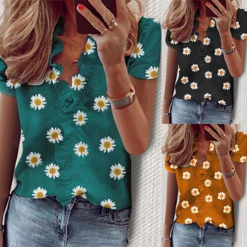 70% Hot Sell Women Casual Short Sleeve Blouse Marguerite Print Ruffled Edge Loose T-shirt Top
